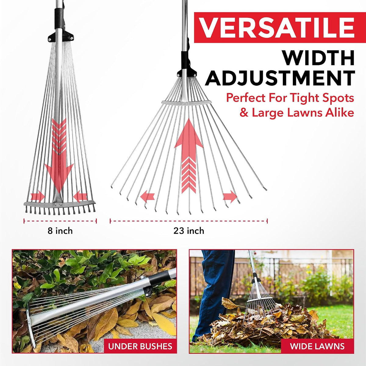 J16A Adjustable Metal Leaf Rake with Expandable Head 8-23", Collapsible &amp; Telescopic Grass Rake for Lawns, Garden &amp; Yard, Ideal for Leaves, Shrubs &amp; Small Areas