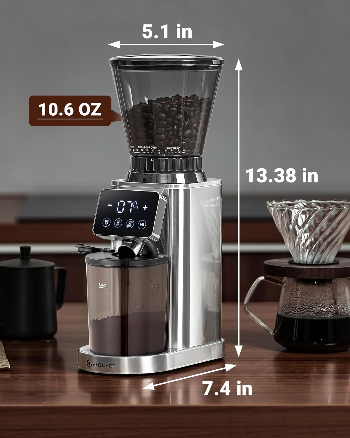 AMZCHEF Burr Coffee Grinder, 48 Settings, Less Static Mess, Metallic Silver | 40mm Burr, Low Retention, 0.5s LED Timer, Stainless Steel Body, Fit 51-54/58 Espresso Portafilter, Cleaning Brush Included