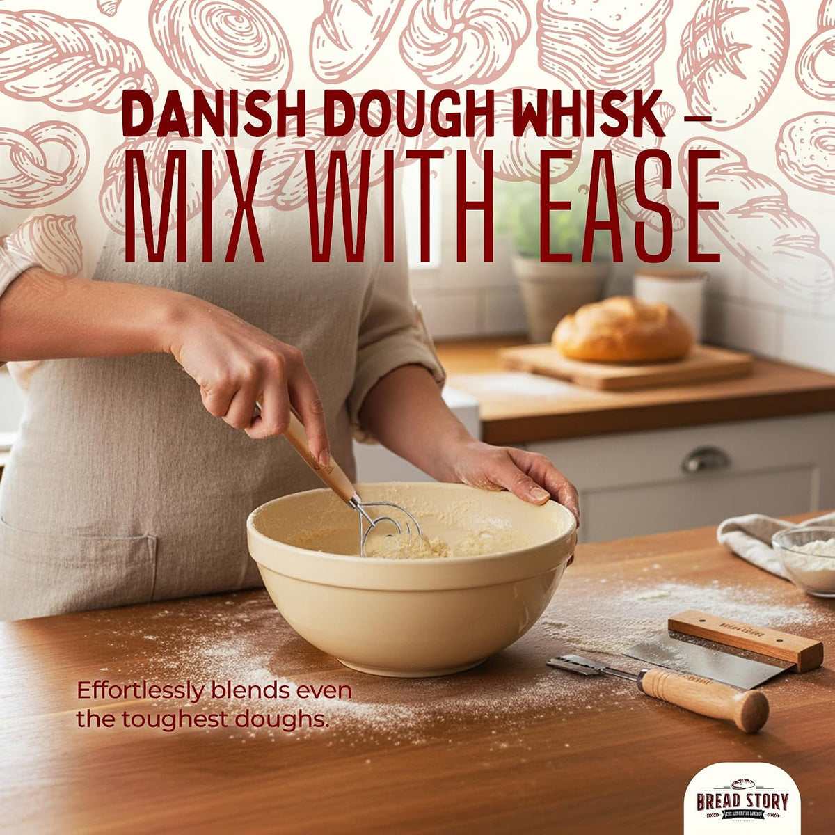 Danish Dough Whisk Set – Wooden Scraper &amp; Lame Scoring Tool | Sourdough Whisk &amp; Mixing Tool Kit | Bread Utensils for Homemade Bread, Pizza, Pastry | Stainless Steel &amp; Wood