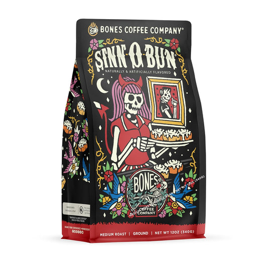 Bones Coffee Company Cinnamon Roll Flavored Coffee, Medium Roast Low Acid Arabica Beans Compatible with Auto drip and French