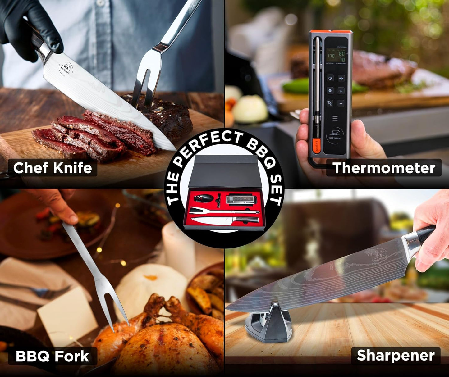 Wireless Meat Thermometer Digital BBQ Set, 5.3 Bluetooth and WiFi connectivity 800ft APP Control (iOS&amp;Android) with Chef Knife, Fork, Meats Temperature Probe, Grilling, BBQ Gift for Men