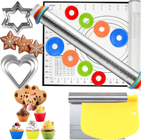 Adjustable Rolling Pin 19 Set and Silicone Baking Pastry Mat Set,Thickness Rings,Dough Roller &amp; Steel Cutter&amp; 6 Cookie Molds &amp; Cake Molds for Baking Dough Stainless Steel Dough Roller, Pizza, Pie
