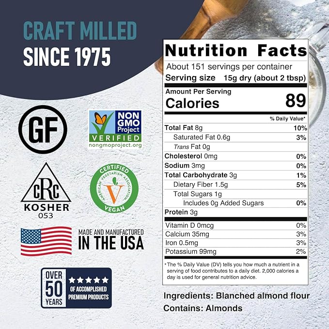 Great River Milling Blanched Almond Flour | Finely Ground Gluten Free Baking Alternative | Made from Whole Blanched Almonds | Non-GMO, Glyphosate Free, Kosher, Vegan Certified | 4 Lb