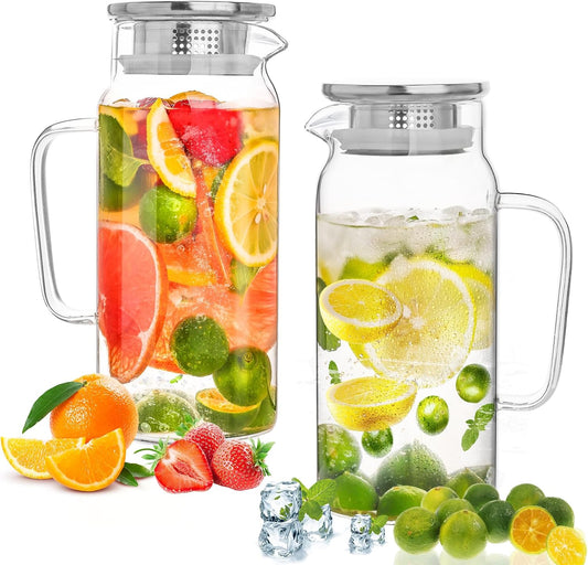 Set of 2 Glass Pitcher with Lid, 1200ml Leak Proof,Glass Water Jugs, BPA-Free,Microwave & Dishwasher Safe Pitcher,Sun & Iced