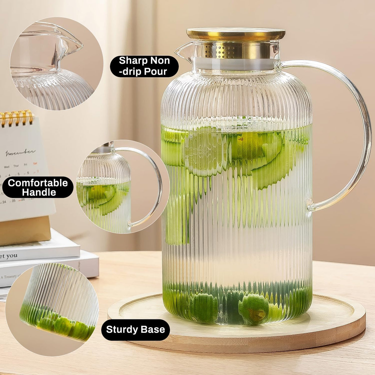 Buaic 2 PACK Glass Pitcher with Lid, 100 oz/ 3L Glass Water Pitcher | Classic Vertical Stripes Glass Water Jug with Handle,Glass Water Pitcher for Cold Brew, Coffee,Iced Sun Tea,Beverage,Cold/Hot