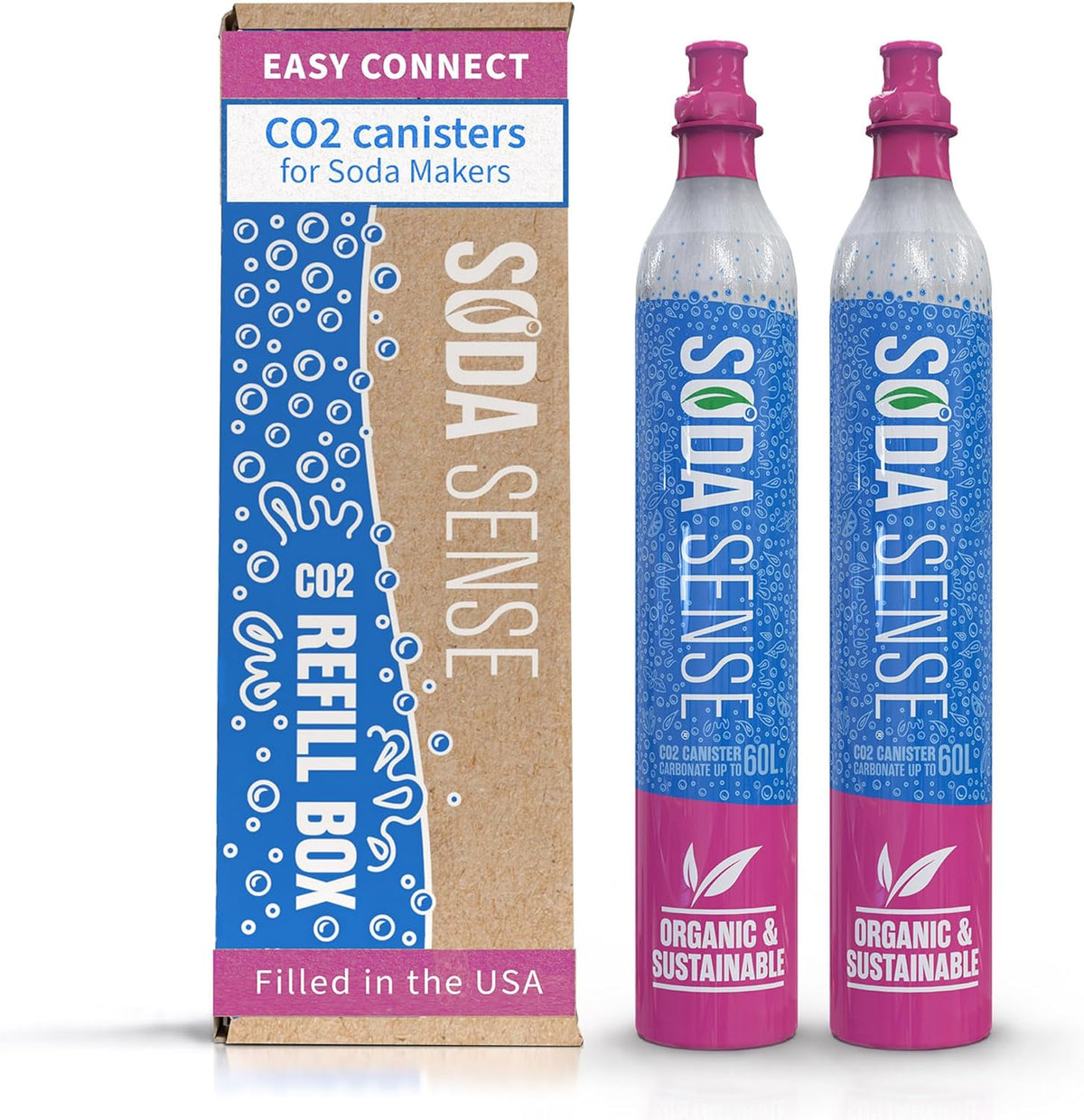 Soda Sense CO2 Cartridges - 2PK Easy Connect 60L CO2 Cylinders, Set of 2 Pre Filled CO2 Tank Gas Refills - Compatible with SodaStream CO2 Quick Connect Pink Snap-On Soda Streaming Machine