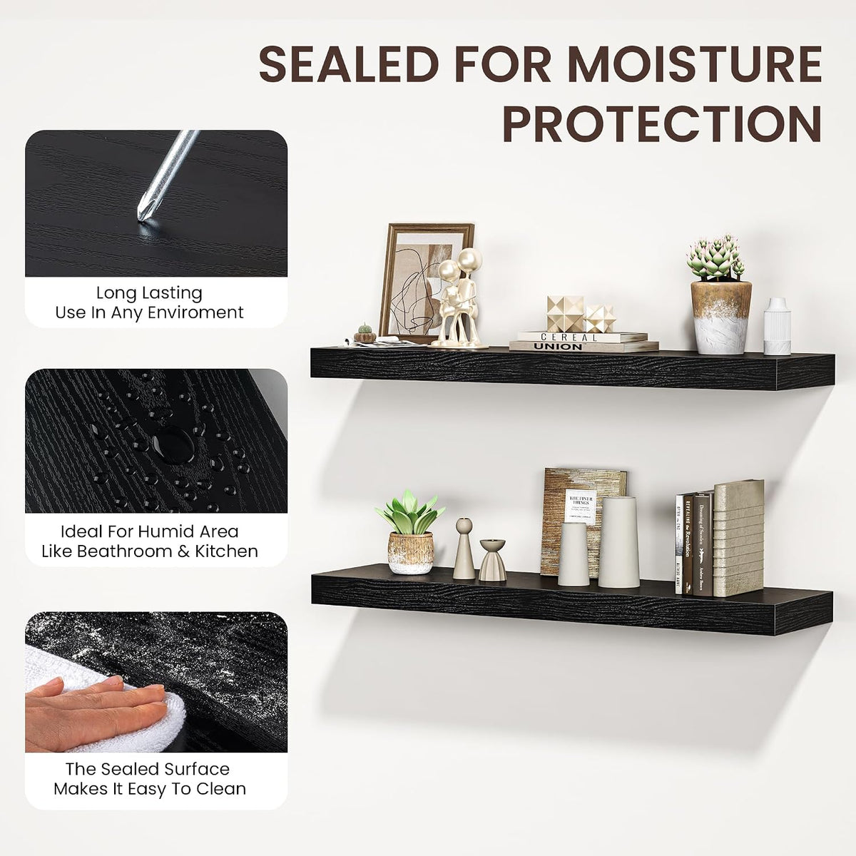 24" Floating Shelves for Wall, Wooden Wall Mounted Shelf, Set of 2, Black