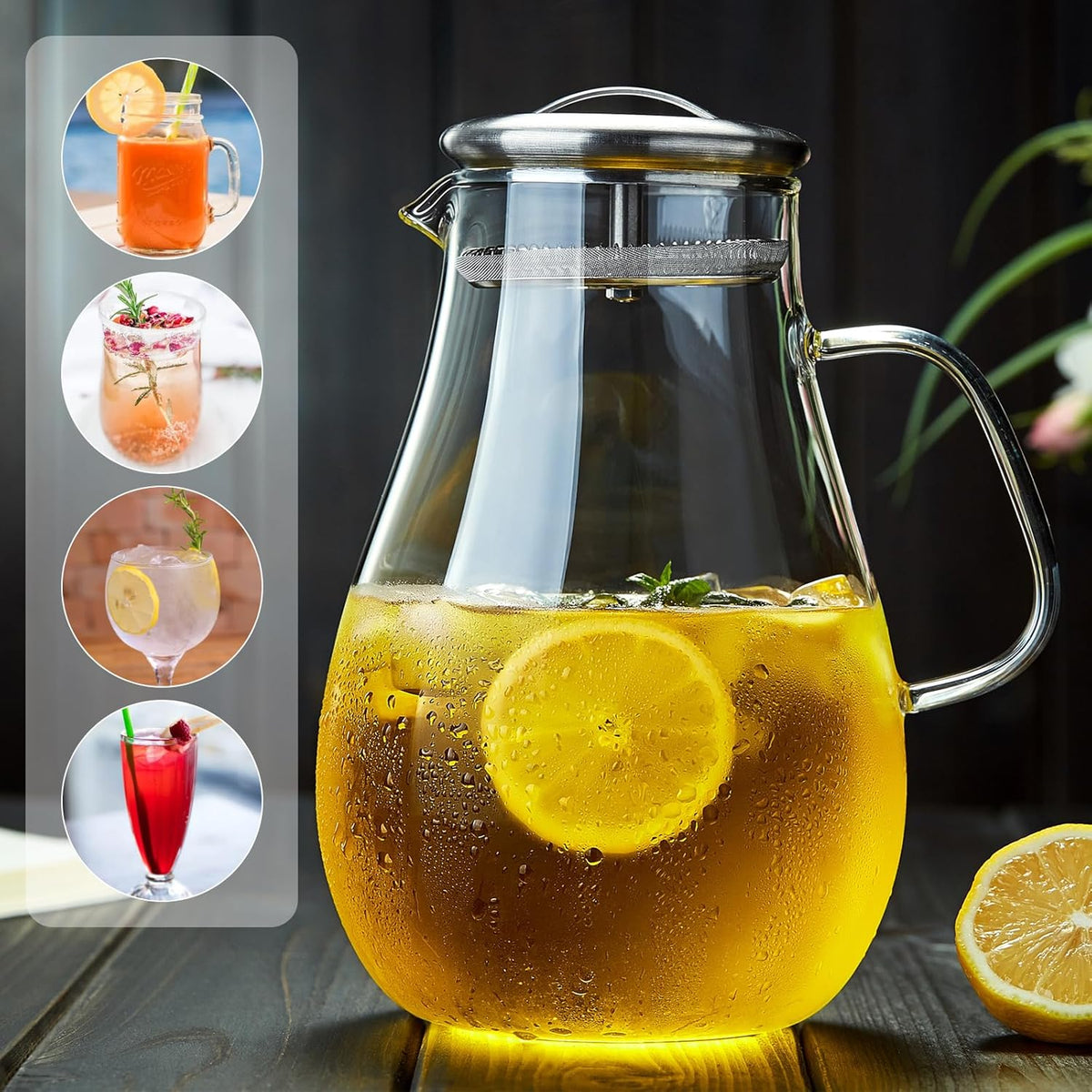 68OZ Glass Pitcher with Lid and Spout, Water Jug, 2000ML Carafe for Hot/Cold Water, Large Iced Tea Pitcher for Coffee, Juice and Homemade Beverage
