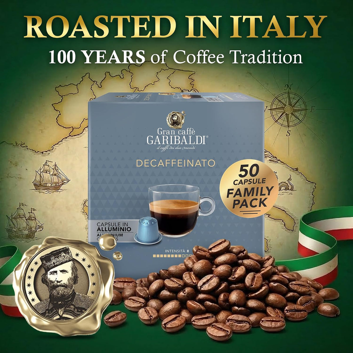 Gran Caffè Garibaldi Espresso Pods, Decaffeinato, 50Count | Italian Roasted Coffee, Decaf Capsules, Intense &amp; Rich Aroma - 50 Aluminum Cups