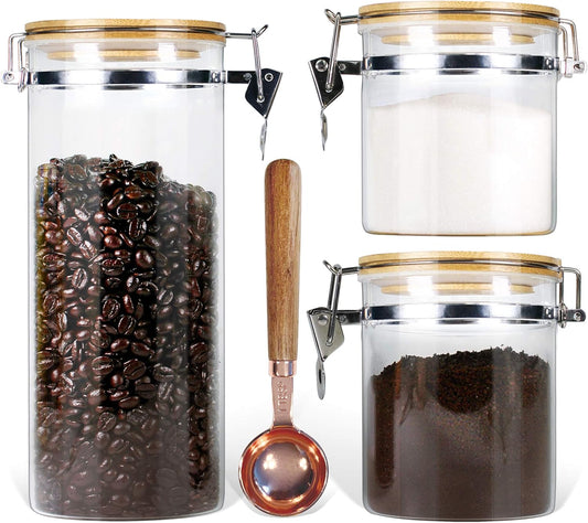 Urban Green Borosilicate Glass Storage Jars with Airtight Locking Clamp Lids, Airtight Canister Set，Coffee Set of 3 with