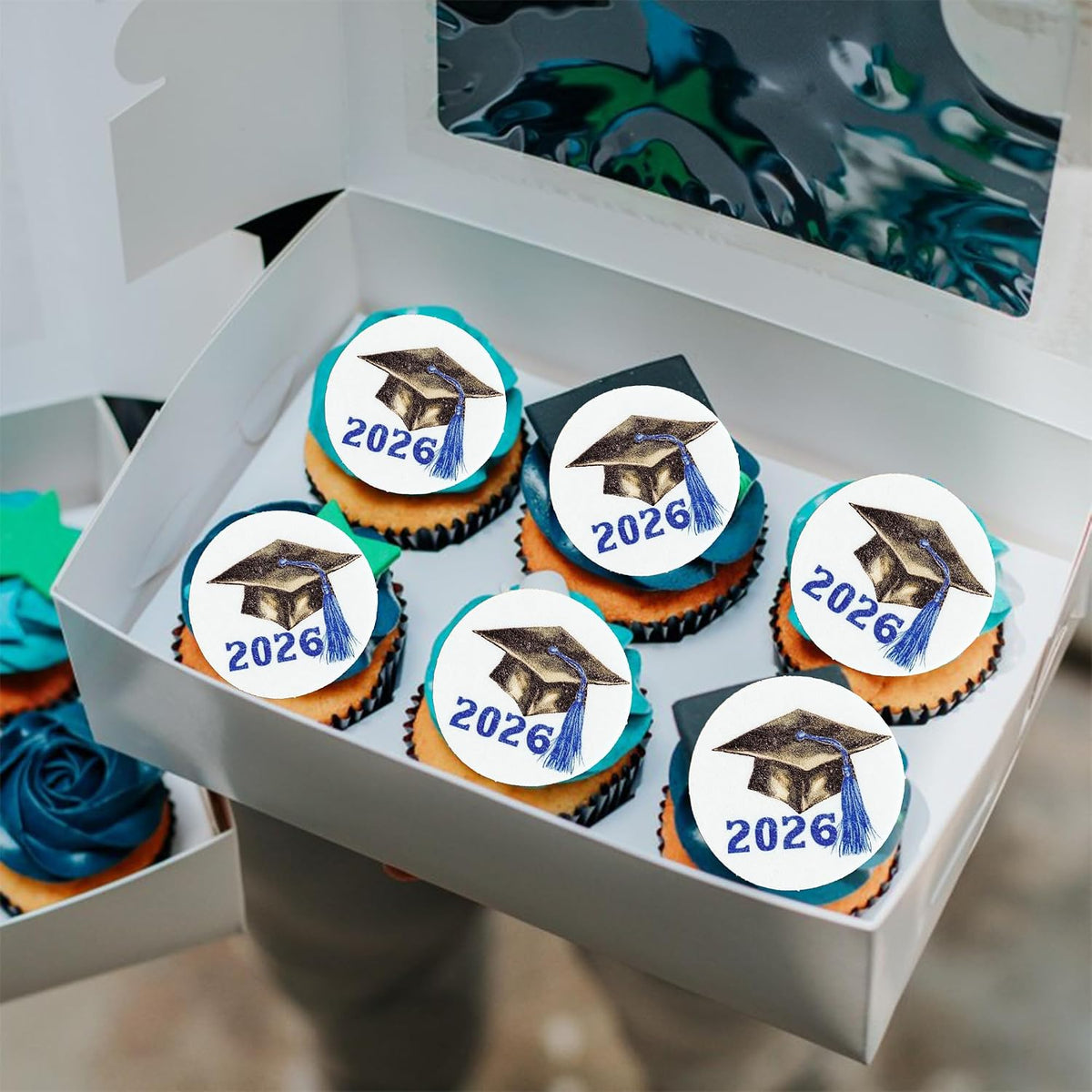 Gyufise 48Pcs Edible 2026 Graduation Cap Cupcake Toppers Wafer Paper Class of 2026 Grad Cap Cupcake Picks for 2026 Graduation Theme Party Cake Decorations Supplies Blue