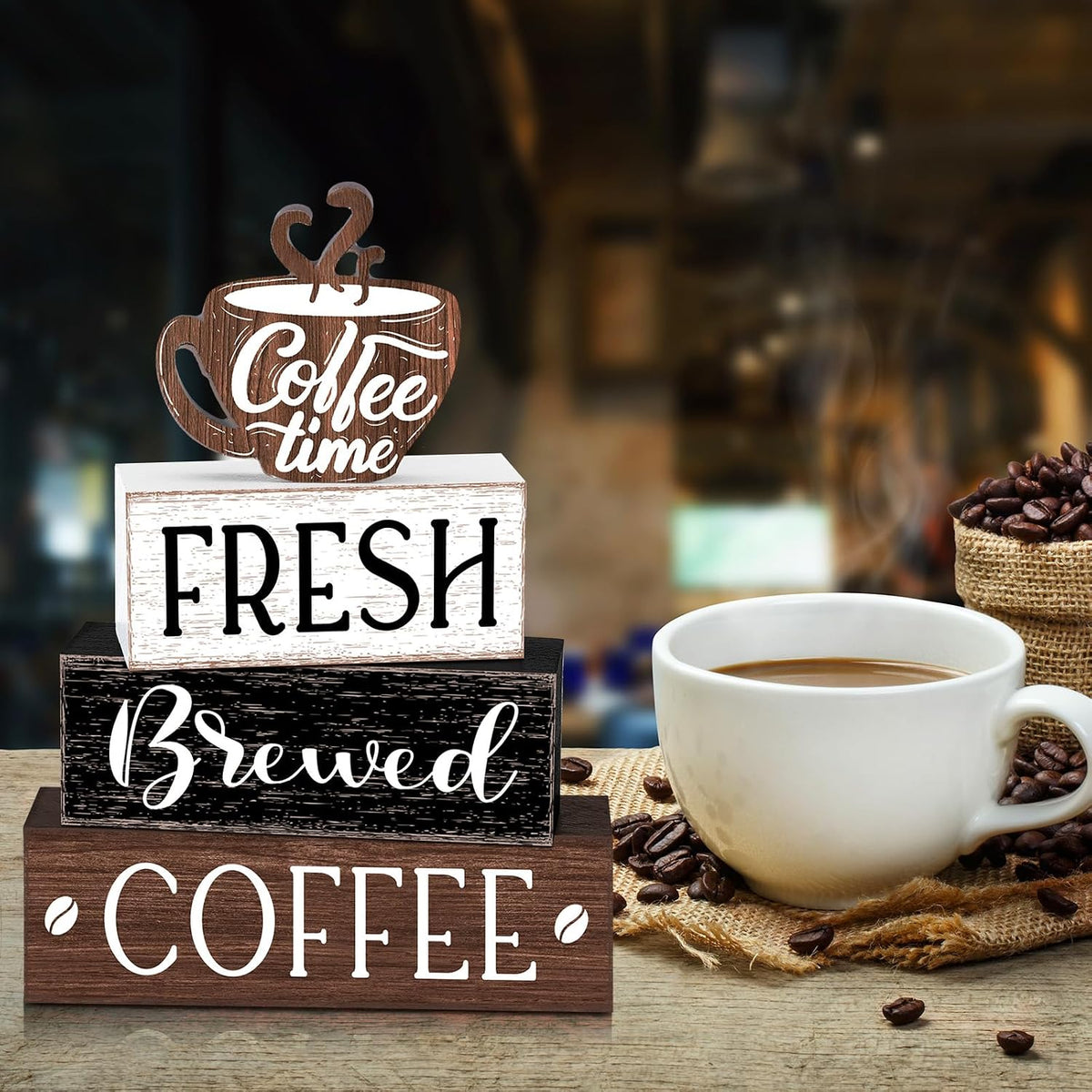 Cinnvoice 4 Pcs Coffee Bar Sign Accessories Wood Coffee Station Decorations | Coffee Time Fresh Brewed, Rustic Bar Sign Gift, Farmhouse Tiered Tray Table Centerpiece, for Counter Kitchen Shelf Tabletop