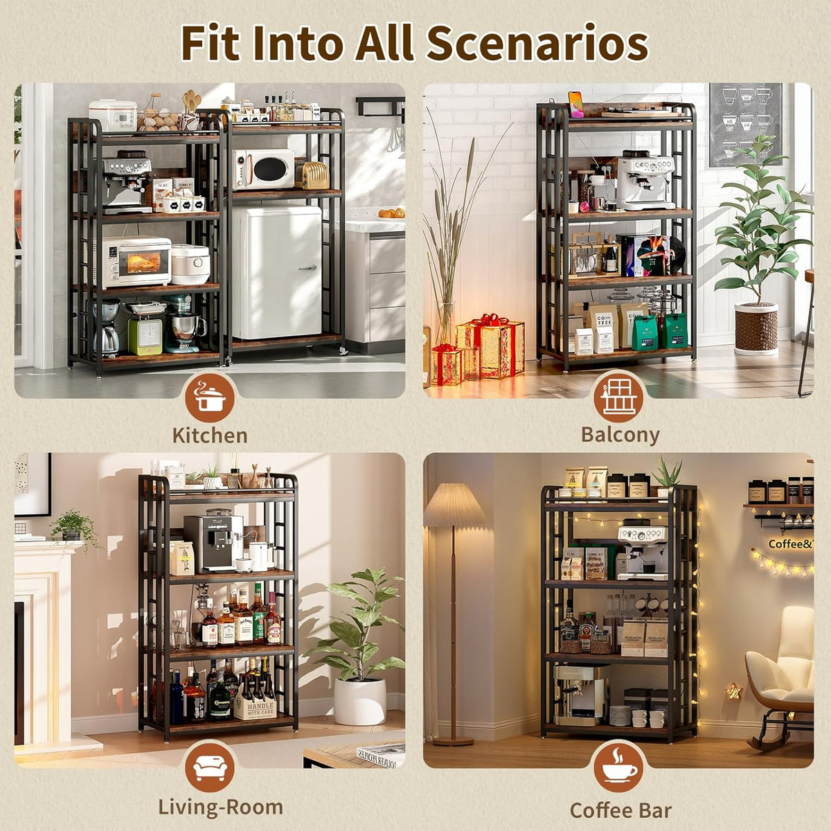 METYERRY Microwave Stand with Storage, 4-Tier Kitchen Bakers Rack with Power Outlet and USB Charging Ports, Rolling Kitchen Cart with Lockable Wheels and Adjustable Shelves for Coffee Bar, Rustic Brow