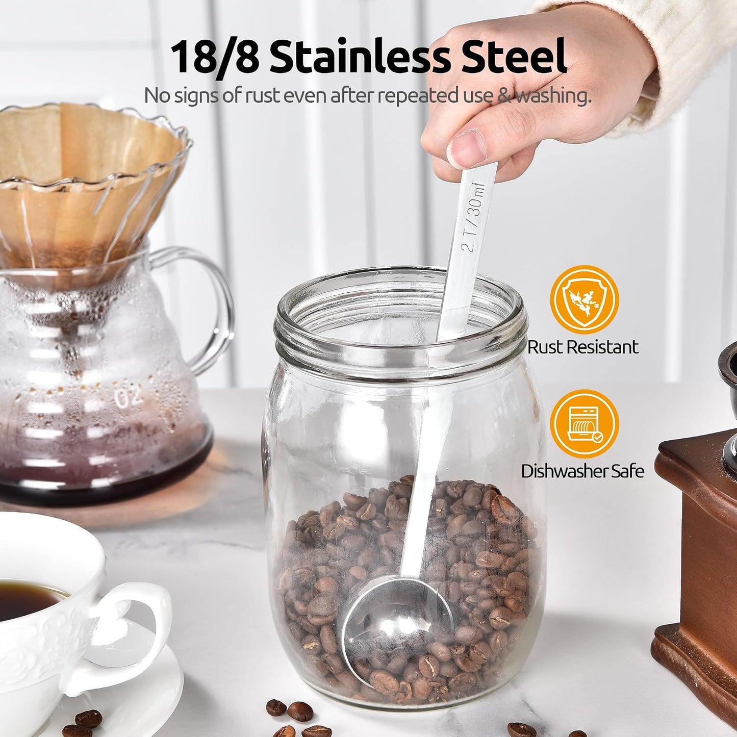 U-Taste Coffee Scoop 1&amp;2 Tablespoon: 18/8 Stainless Steel Measuring Scooper for Ground Coffee, Bean, Powder, Espresso, 6.9in Long Handle Metal Meaure Spoon for Canister, Jar(1&amp;2Tbsp/15&amp;30ml, Silver) | 18/8 Stainless Steel Tablespoon Scoop, Lon
