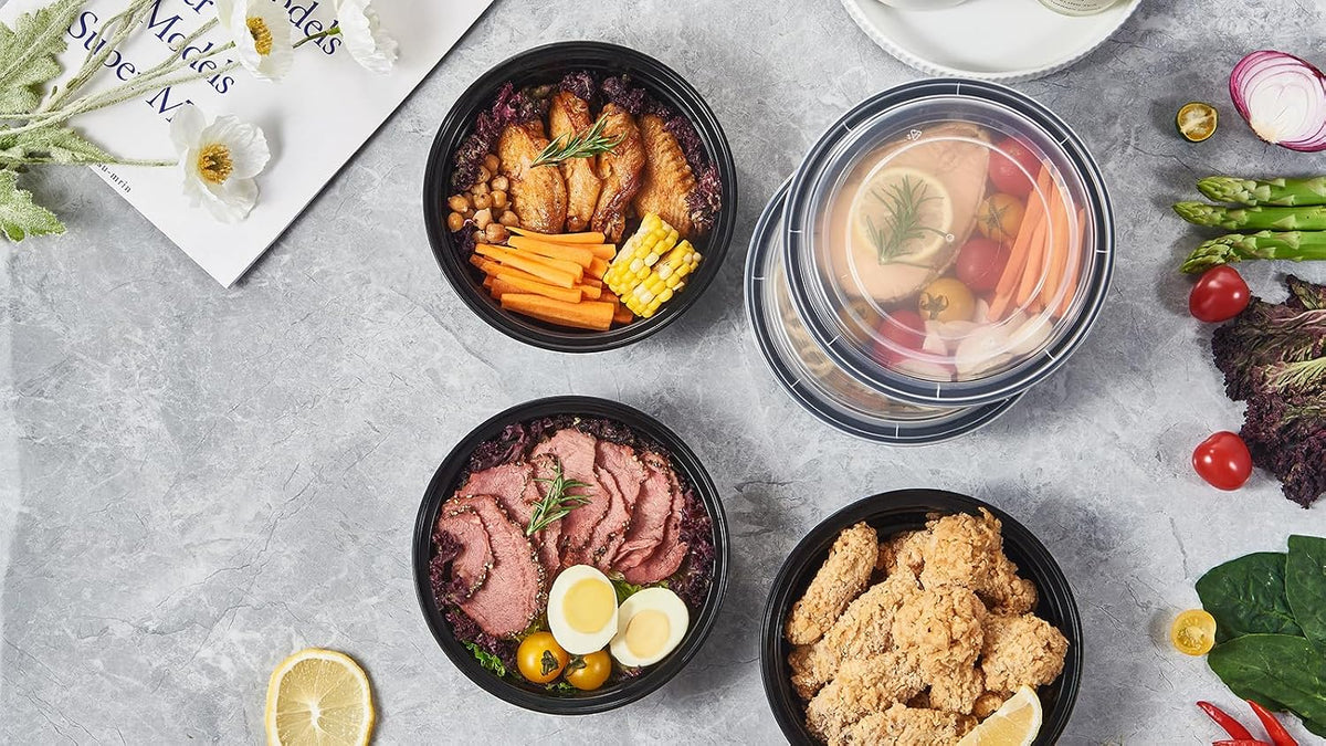 FULING 38 oz 50 ct Round Meal Prep Containers with Lids Plastic Food Storage To Go Lunch Plan Box Disposable Take Out Bowls Black BPA Free Reusable Durable Stackable Microwave Freezer Dishwasher Safe