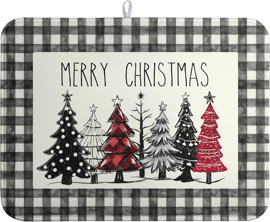 Merry Christmas Dish Drying Mat Buffalo Plaid Large Kitchen Mats Dish Drying Pad Xmas Christmas Tree Absorbent Dish Dryer