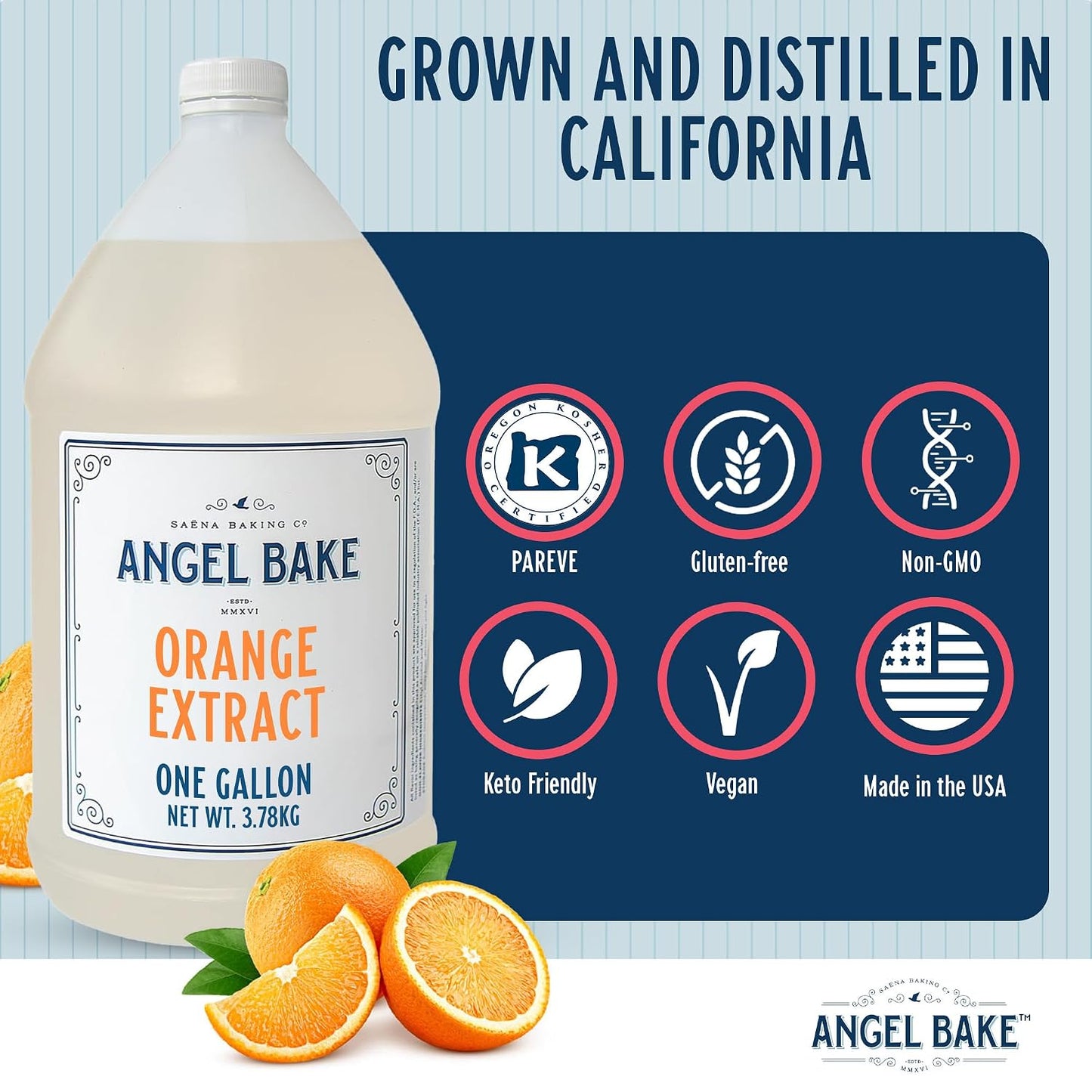 Angel Bake Pure Valencia Orange Extract, 5X Distilled, 1 Gallon | Bulk food safe culinary flavoring for baking, beverages, coffee, tea and confectionery; kosher, vegan, gluten free