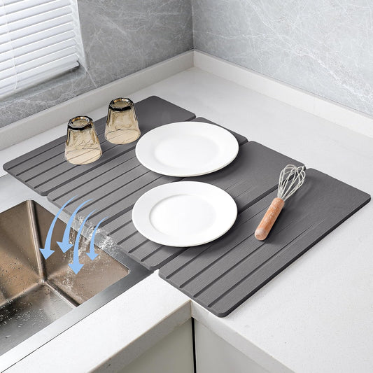 Extral Large Quick Dry Stone Drying Mat for Kitchen Counter,28x16 Inch Collapsible Eco-Friendly Absorbent Diatomaceous Earth Mat for Dishes Cups (Deep Gray-Upgraded Version, 16x12 inch)