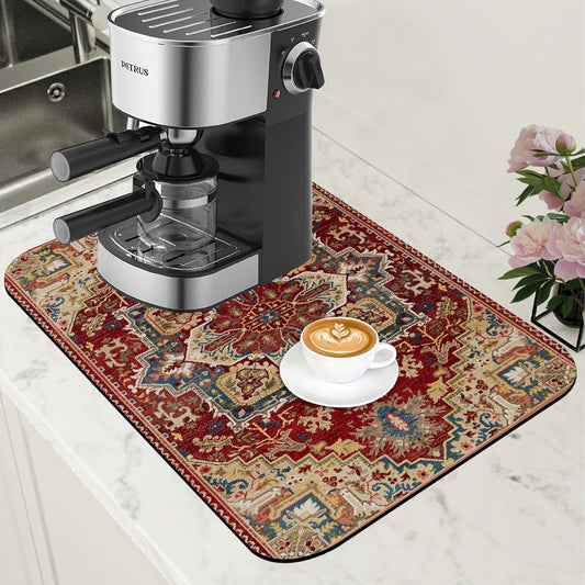 Boho Dish Drying Mat Persian Tribal Coffee Bar Mat for Countertop Absorbent Rubber Backed Hide Stain Dish Drainer Rack Pad
