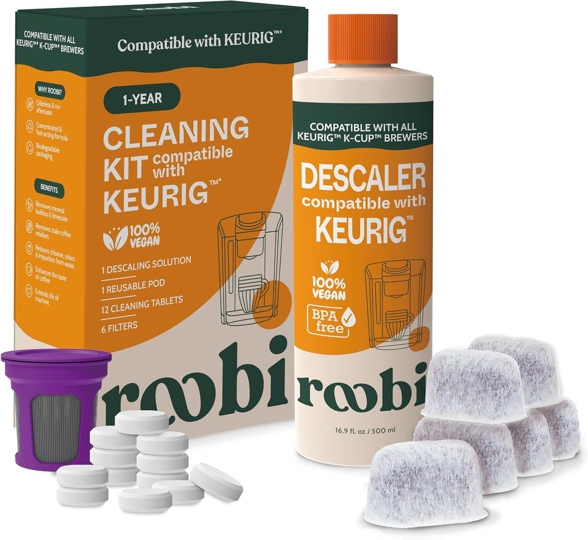 Roobi Keurig Compatible Descaling Solution &amp; Cleaning Kit | 500ml Keurig Descaler, 12 Cleaning Tablets, 1 Reusable Pod, 6 Water Filters, Carbon Neutral, 1 Year Supply