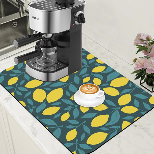 Yellow Lemon and Leaves Coffee Mat Absorbent Dish Drying Mat for Kitchen Counter Hide Stain Rubber Backed Coffee Bar