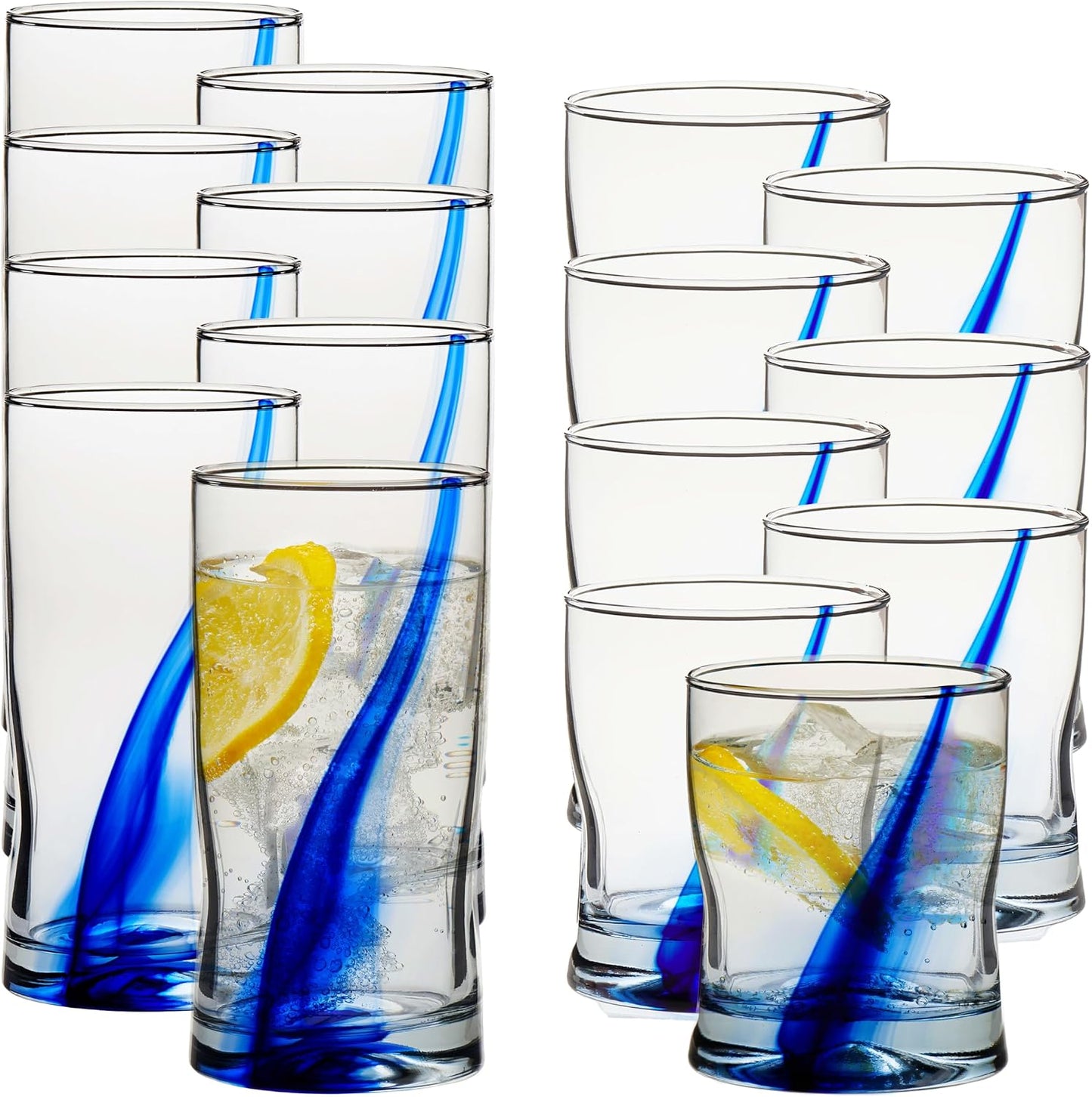 Blue Ribbon Tumbler &amp; Rocks Drinking Glasses Set of 16, Dimpled Cups | 16.75 oz and 12.5 oz Capacities for Water, Juice, Cocktails, and More with Blue Ribbon Design and Dishwasher-Safe Cleanup