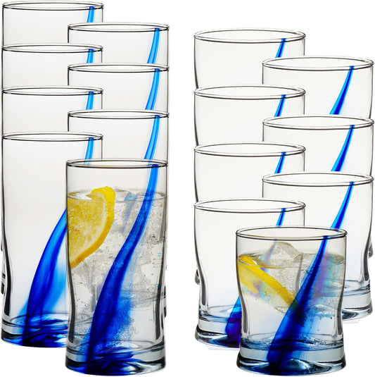 Blue Ribbon Tumbler &amp; Rocks Drinking Glasses Set of 16, Dimpled Cups | 16.75 oz and 12.5 oz Capacities for Water, Juice, Cocktails, and More with Blue Ribbon Design and Dishwasher-Safe Cleanup