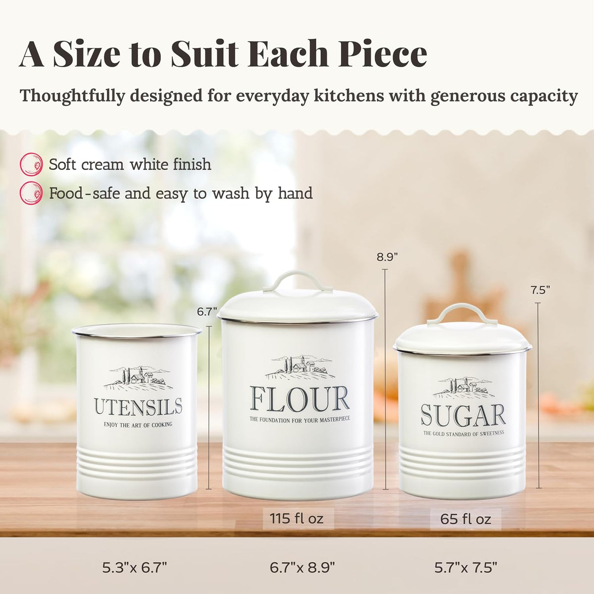 Canisters for Kitchen Counter, Set of 3 - Airtight Sugar and Flour Containers & Kitchen Utensil Holder, Rustic Farmhouse Canister Set for Kitchen Countertop
