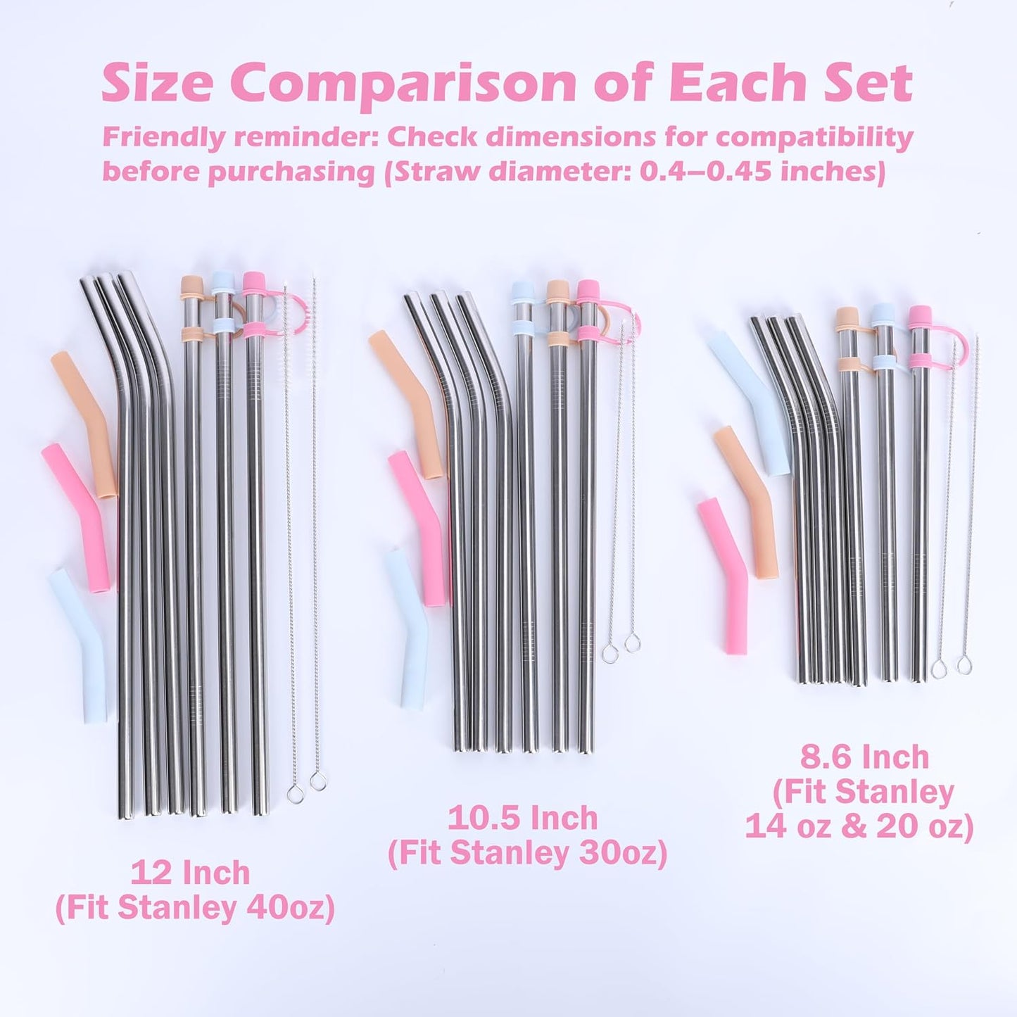 Jetstop 8.5" Stainless Steel Straws with Covers fit Stanley 14/20oz tumbler