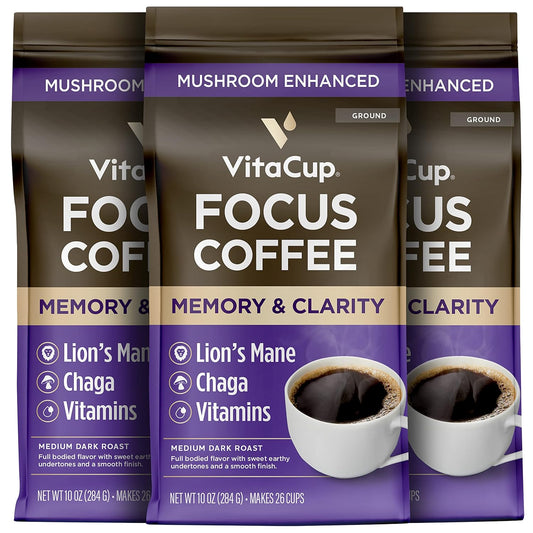 VitaCup Focus Mushroom Coffee Grounds, with Lions Mane, Chaga, B Vitamins, D3, Boost Focus, Immunity, Memory & Clarity,