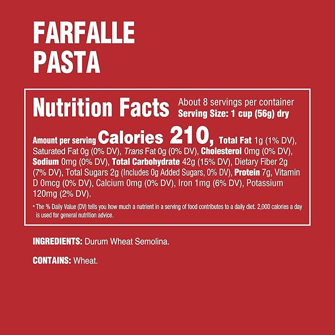 Rao's Homemade Farfalle Pasta, 16oz, Traditionally Crafted, Premium Quality, From Durum Semolina Flour, Imported from Italy, 1 Pound (Pack of 1)