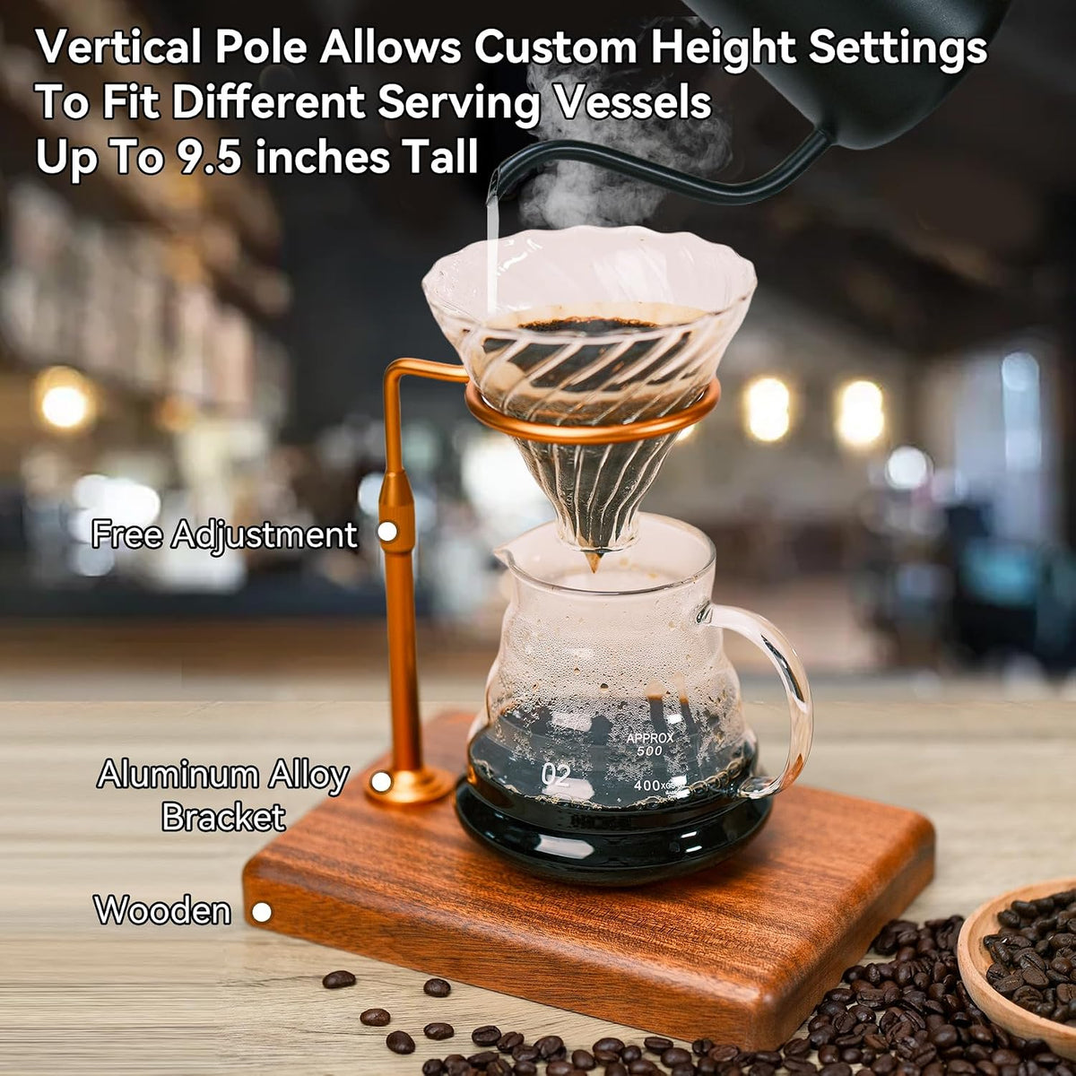 Pour Over Coffee Maker with Adjustable Stand &amp; Wooden Base, Dripper Stand for Manual Coffee Brewing, Coffee Filter Holder, Tea Strainer Stand for Home, Café, Restaurant, Camping, Golden