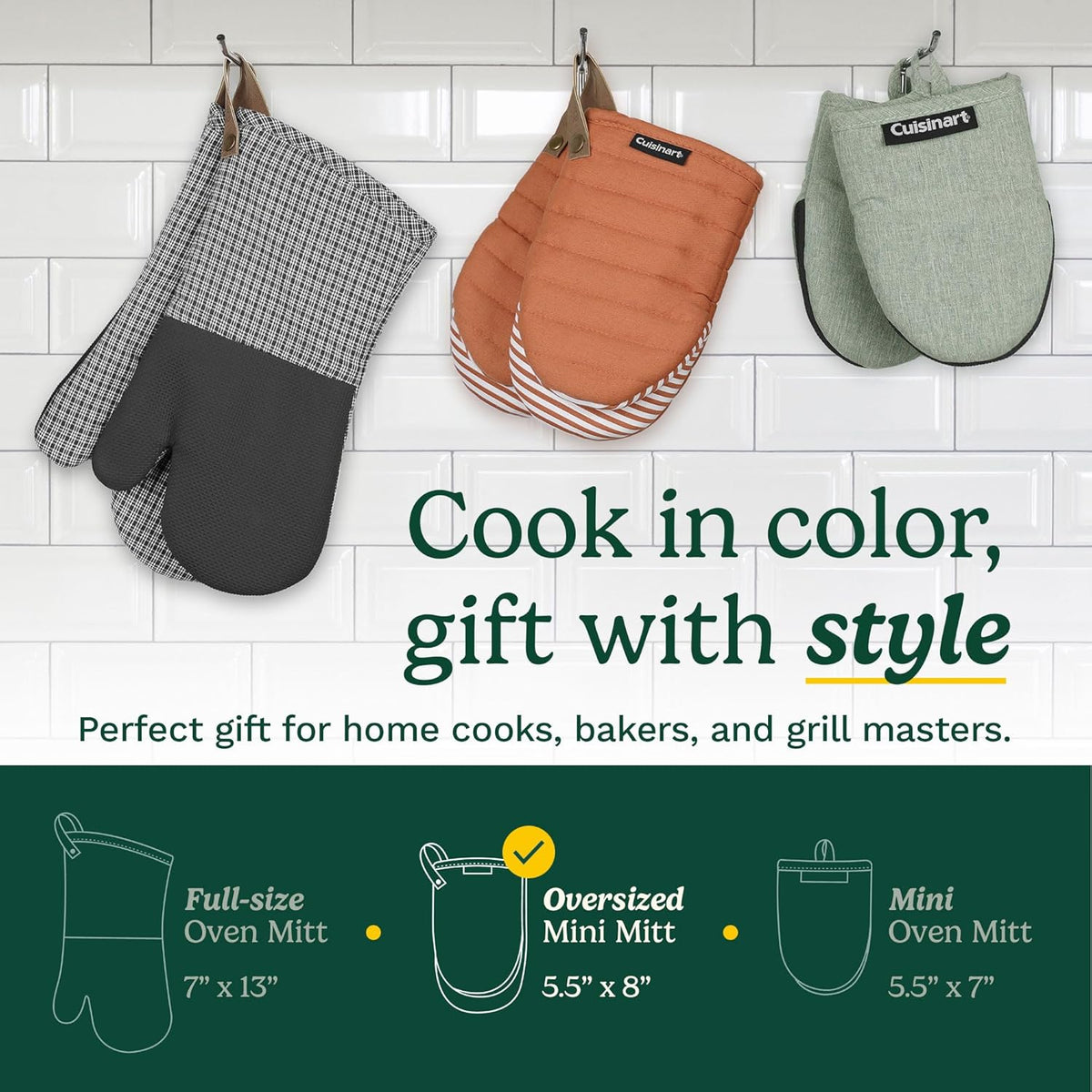 Cuisinart Mini Oven Mitts – 5.5” x 8” Heat-Resistant Kitchen Mitts for Oven with Non-Slip Printed Silicone, Cotton Filling, and Faux Leather Loop – Durable Oven Mitt Set for Cooking & Baking (Horizon)