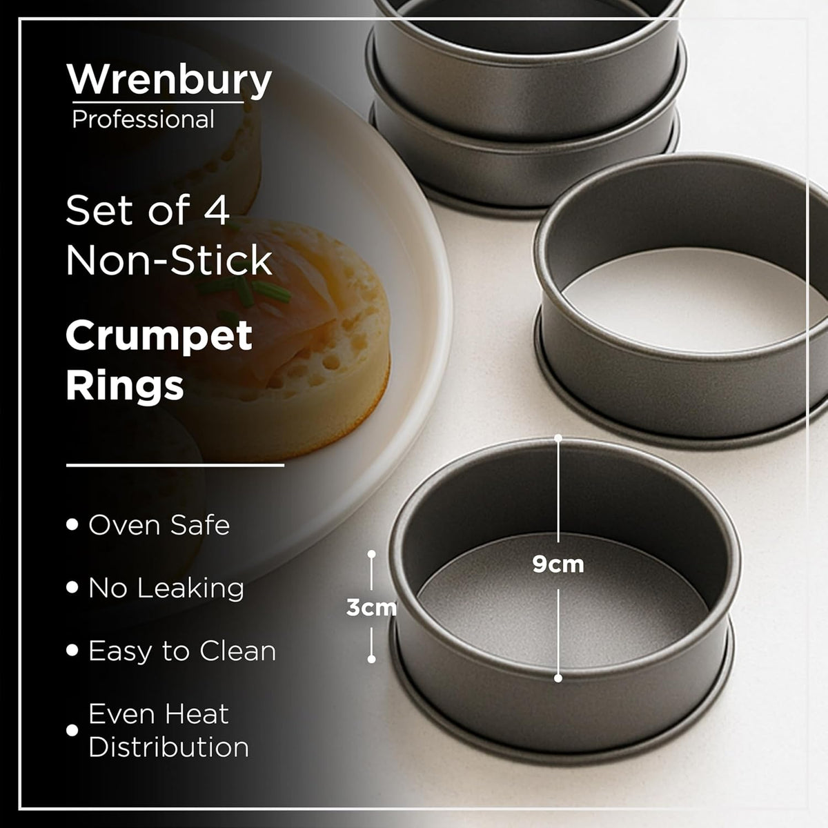 Wrenbury Crumpet Rings Nonstick 3.5 inch - English Muffin Rings - Set of 4 Food Ring Molds for Cooking – Metal Baking Egg Ring Set - Made in England