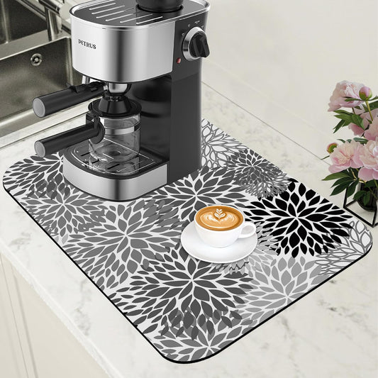 Dish Drying Mat Black and White Chrysanthemum Flower Coffee Bar Mat Absorbent Coffee Mat Rubber Backed Hide Stain Dish