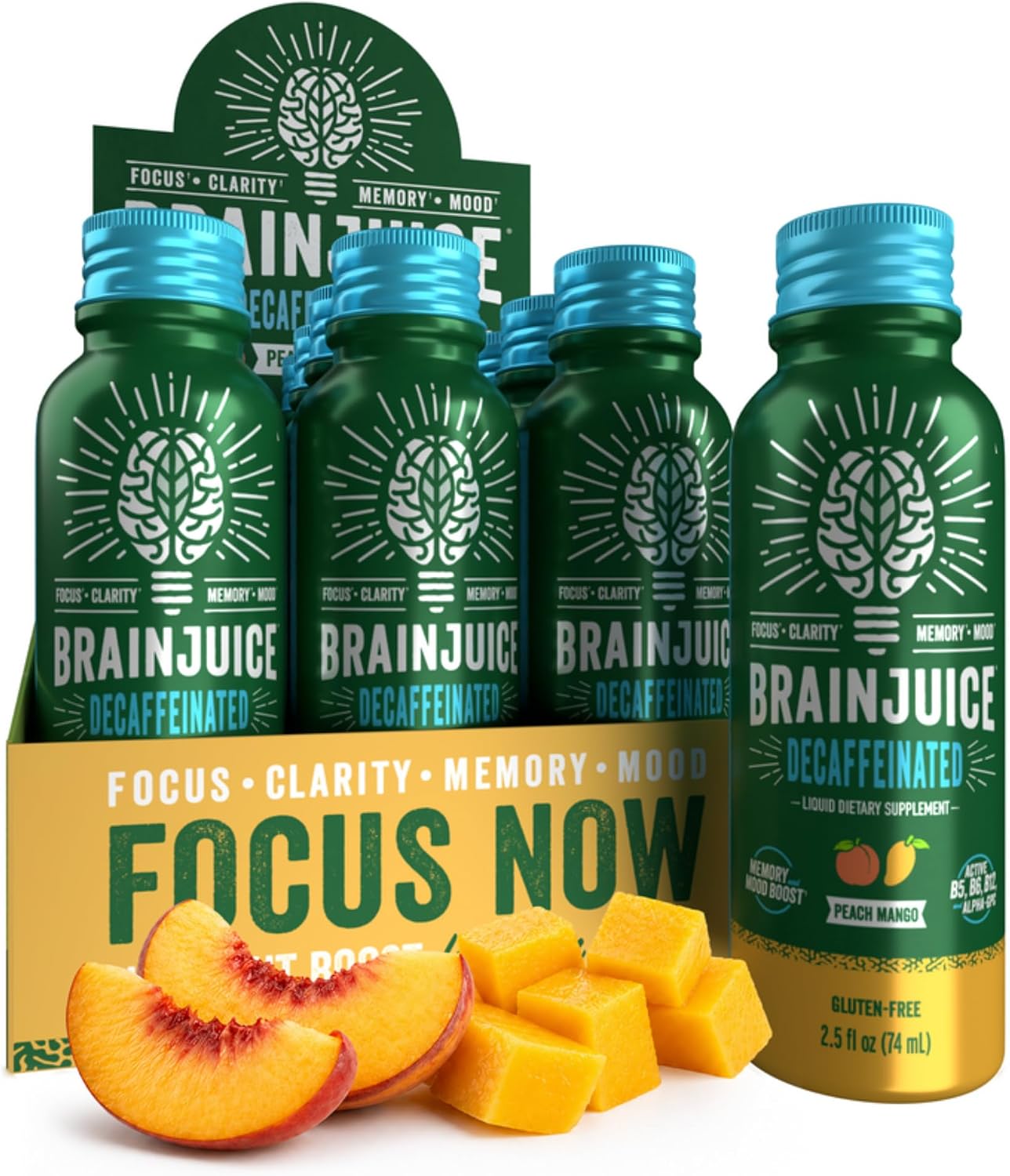 BrainJuice Decaf Peach Mango Nootropic Supplement Shot, 2.5 fl oz, 12 Pack