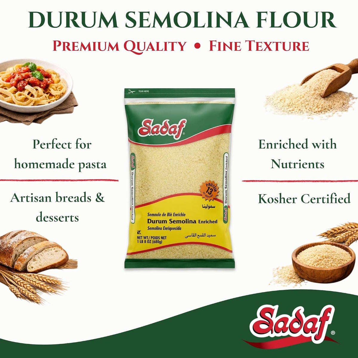Sadaf Durum Semolina Fine - Enriched Durum Semolina for Cooking & Baking - Semolina Flour - Middle Eastern Cuisine - Kosher