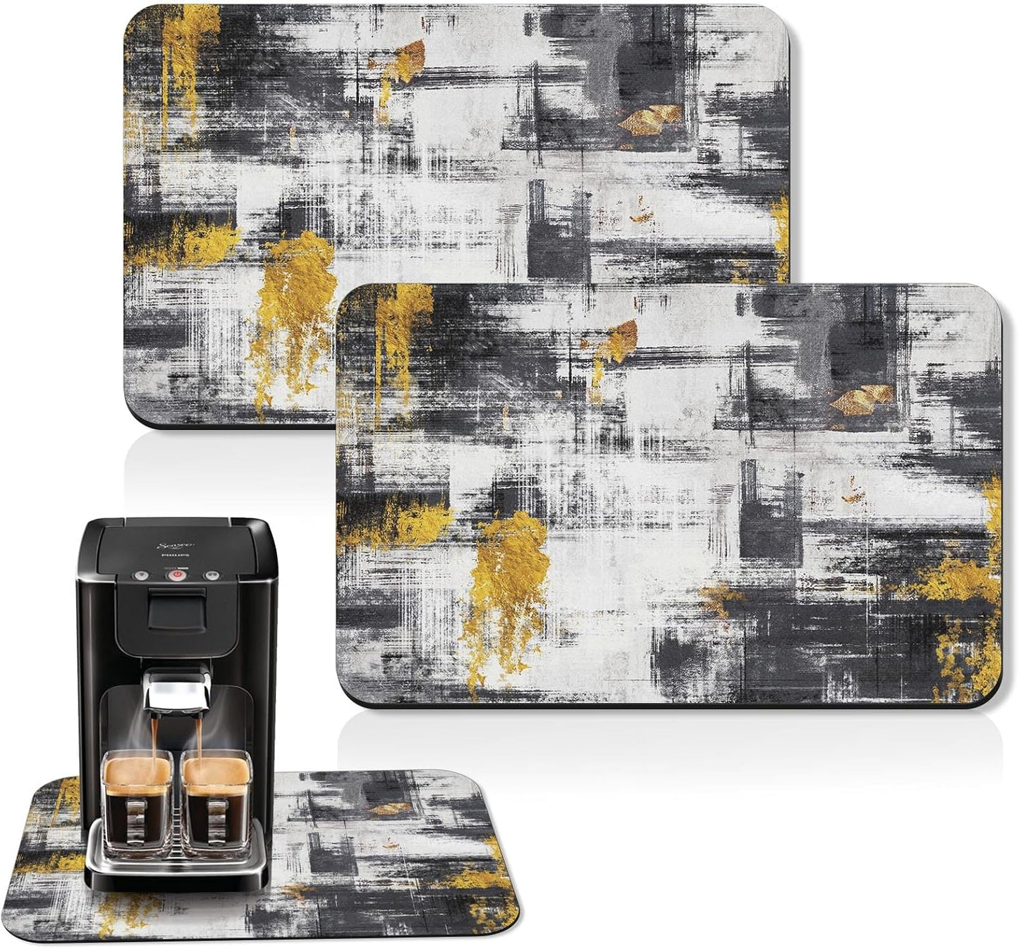 Arttown Coffee Mat for Countertops, 2 Pcs, 12" x 19" Abstract Minimalism | Golden Black Grey Dish Drying Mats Rubber Backed, Kitchen Bar Accessories for Espresso Machine Rack Hide Stain