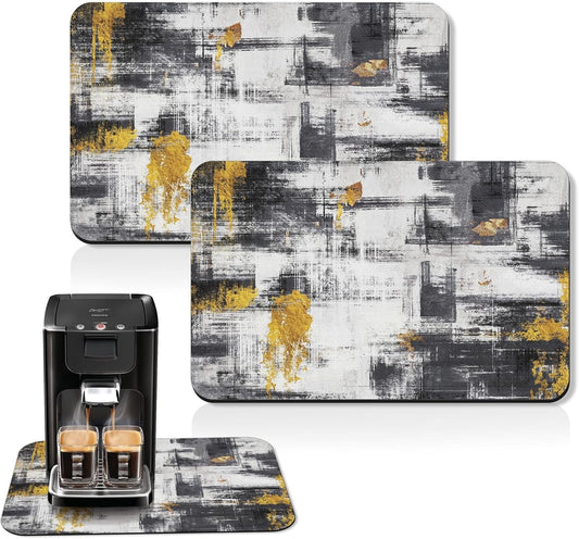 Arttown Coffee Mat for Countertops, 2 Pcs, 12" x 19" Abstract Minimalism | Golden Black Grey Dish Drying Mats Rubber Backed, Kitchen Bar Accessories for Espresso Machine Rack Hide Stain