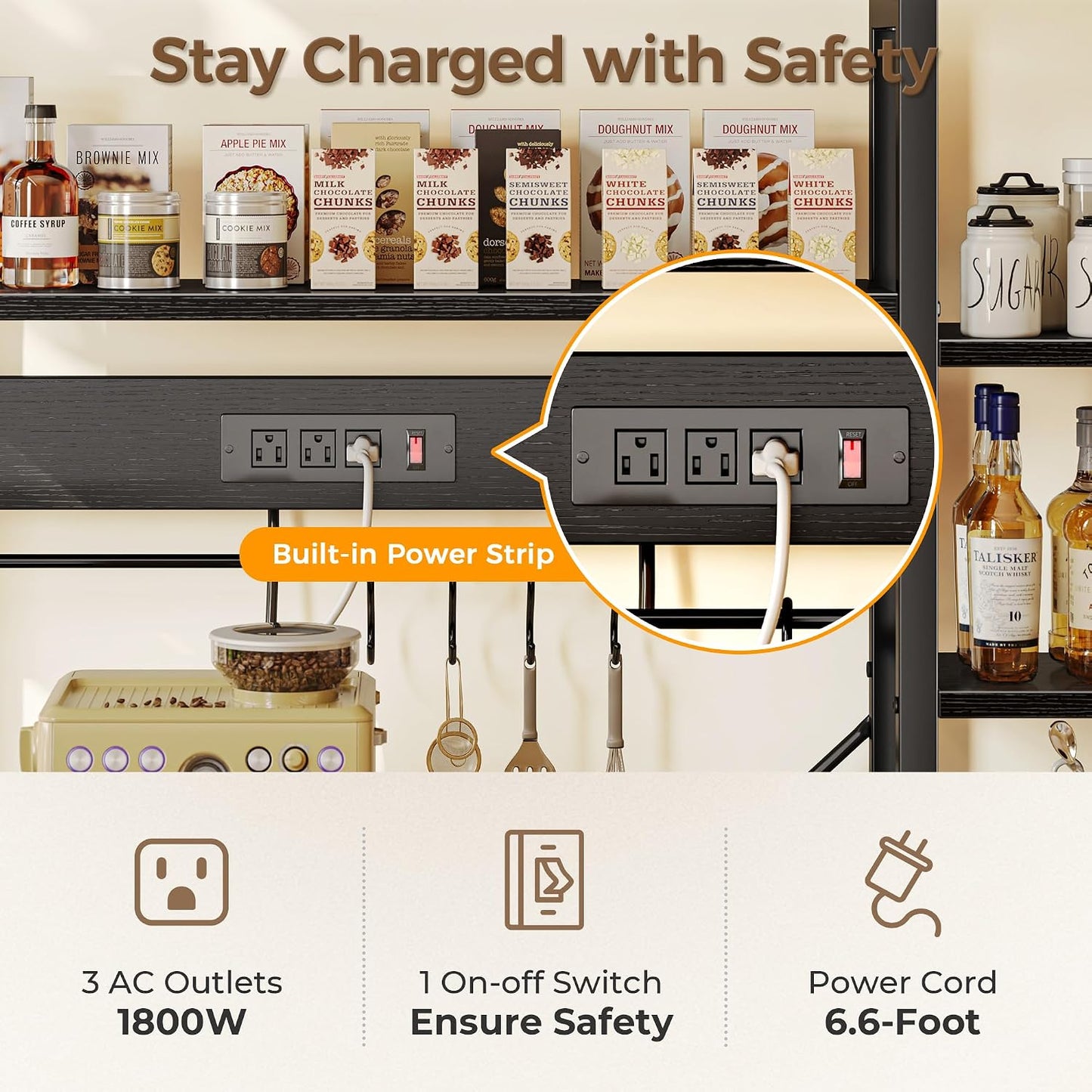 SUPERJARE Large Bakers Rack with Power Outlets, 47.2 Inches Microwave Stand