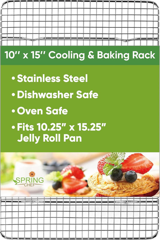 Spring Chef 10" x 15" Stainless Steel Cooling Rack for Cooking &amp; Baking | Heavy Duty Cookie Cooling Rack for Kitchen, Oven Safe Wire Rack for Baking, Fits Jelly Roll Pan, Dishwasher Safe