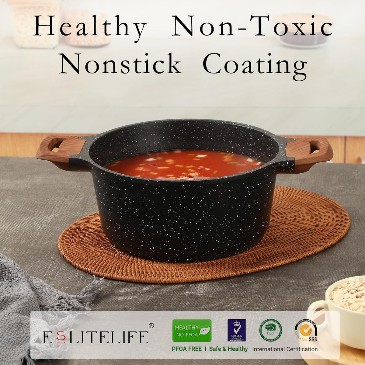 ESLITE LIFE Nonstick Stock Pot with Lid, 3 Quart Granite Casserole Small Soup Pot Pasta Cooking Pot, Induction Compatible, PTFE & PFOA Free, Black