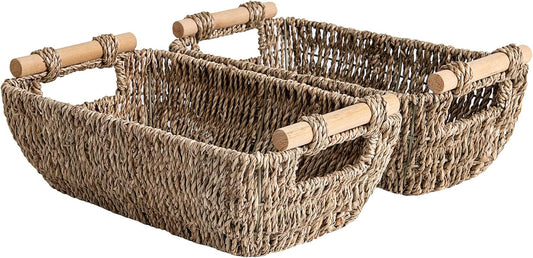 StorageWorks Small Baskets for Bathroom, Seagrass Woven Basket with Wooden Handles for Gifts, 2-Pack