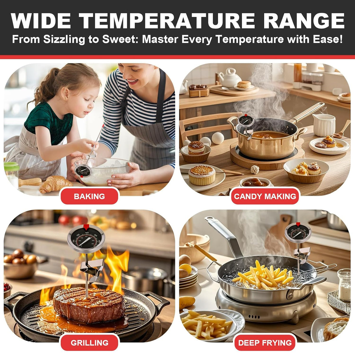 Glow-in-The-Dark Candy Thermometer Waterproof IP67-9" Deep Fry &amp; Candy Thermometer with Pot Clip – High-Heat, Waterproof for Oil, BBQ, Candle Making，Black