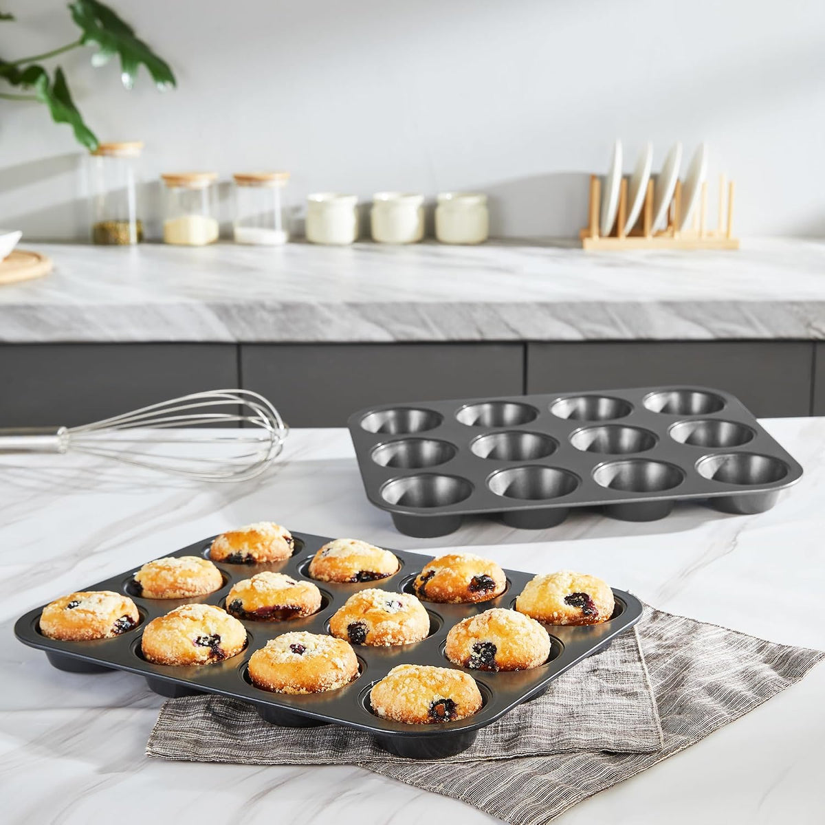 Non-Stick Muffin Pans, Cupcake Pan with Silicone Baking Cups, 2 Pack Non toxic Healthy Muffin tin, Heavy duty-Dark Grey