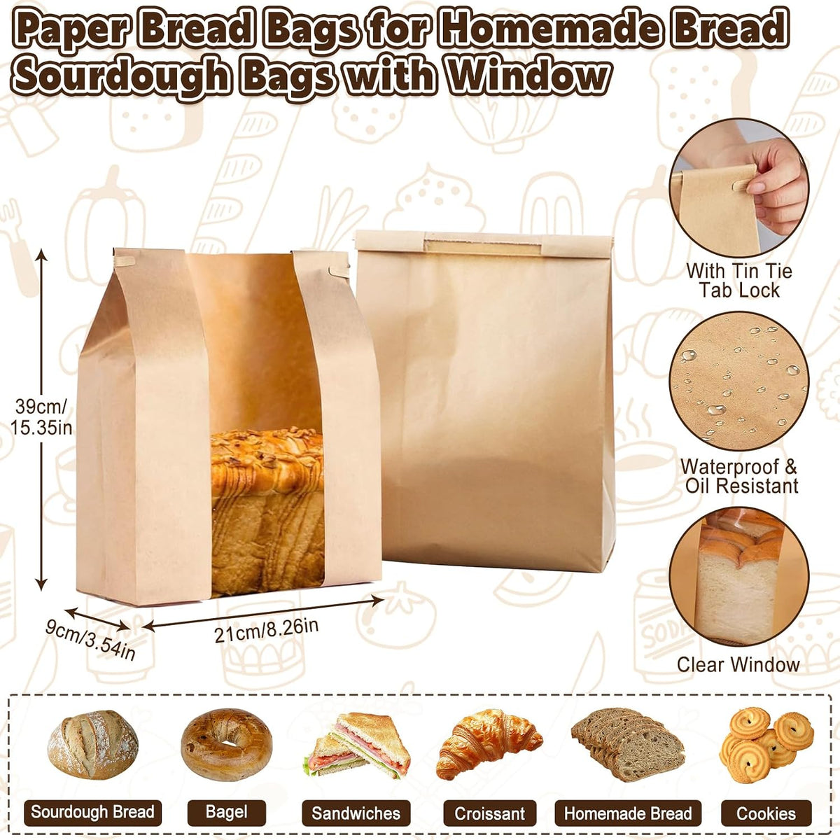 Reusable Bread Bags for Homemade Bread Sourdough, 2 Pack XL Bread Bag with Zipper, 10 Pcs Large Paper Bags with Window, Beeswax-Lined Cotton Storage Bags to Keep Fresh, Freezer Safe Eco-Friendly