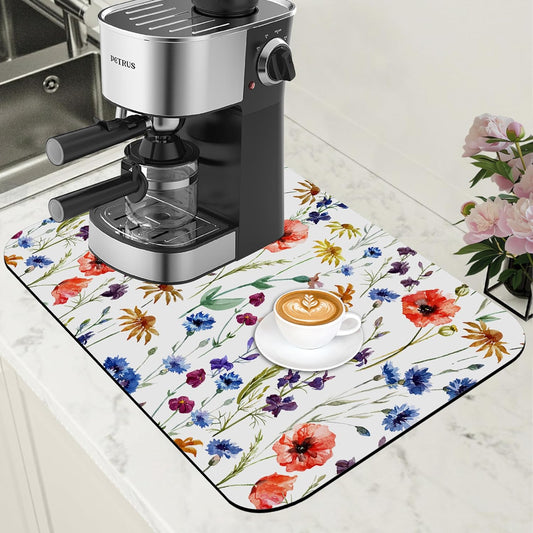 Watercolor Flowers Coffee Mat Daisy Dish Drying Mat for Kitchen Counter Absorbent Hide Stain Rubber Backed Coffee Bar