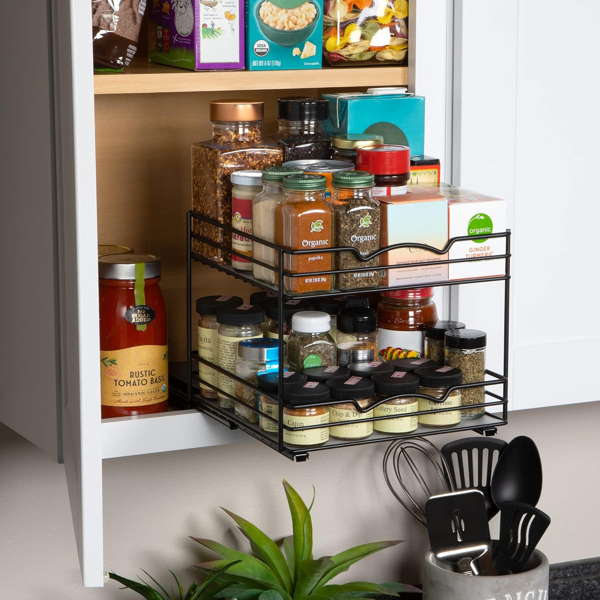 Pull Out Cabinet Organizer for Spices, Cans - Heavy Duty with Lifetime Limited Warranty- Pull Out Spice Rack- Cabinet Pull Out Shelf for Cans,Dishes, Etc, 20-3/8"Wx 10-1/2"D x 2-3/4” H, Black