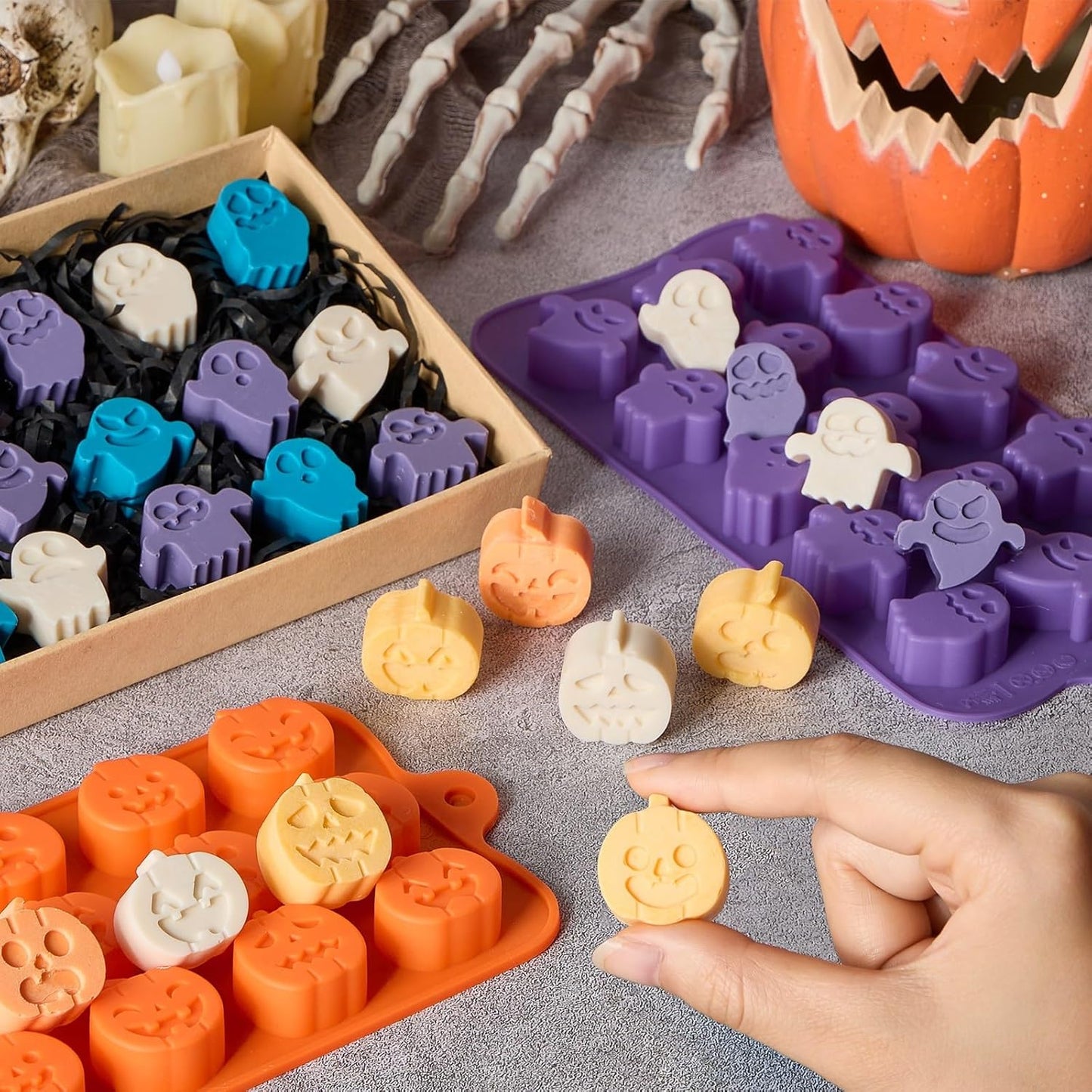 Joersh Halloween Chocolate Silicone Molds, 4PCS Pumpkin Ghost Shaped Candy Mold Non Stick Baking Pan for DIY Chocolate, Fondant, Jello, Gummy, Candy