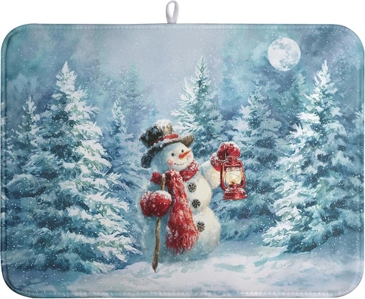 Winter Blue Snowman Dish Drying Mat Christmas Pine Tree Large Kitchen Mats Dish Drying Pad Xmas Absorbent Dish Dryer Mat for